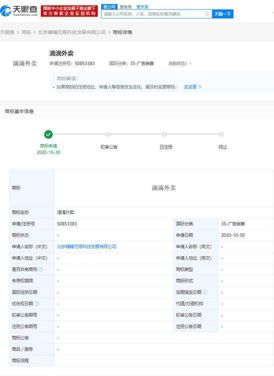 滴滴关联公司申请 滴滴外卖 商标 目前状态显示为 商标申请中